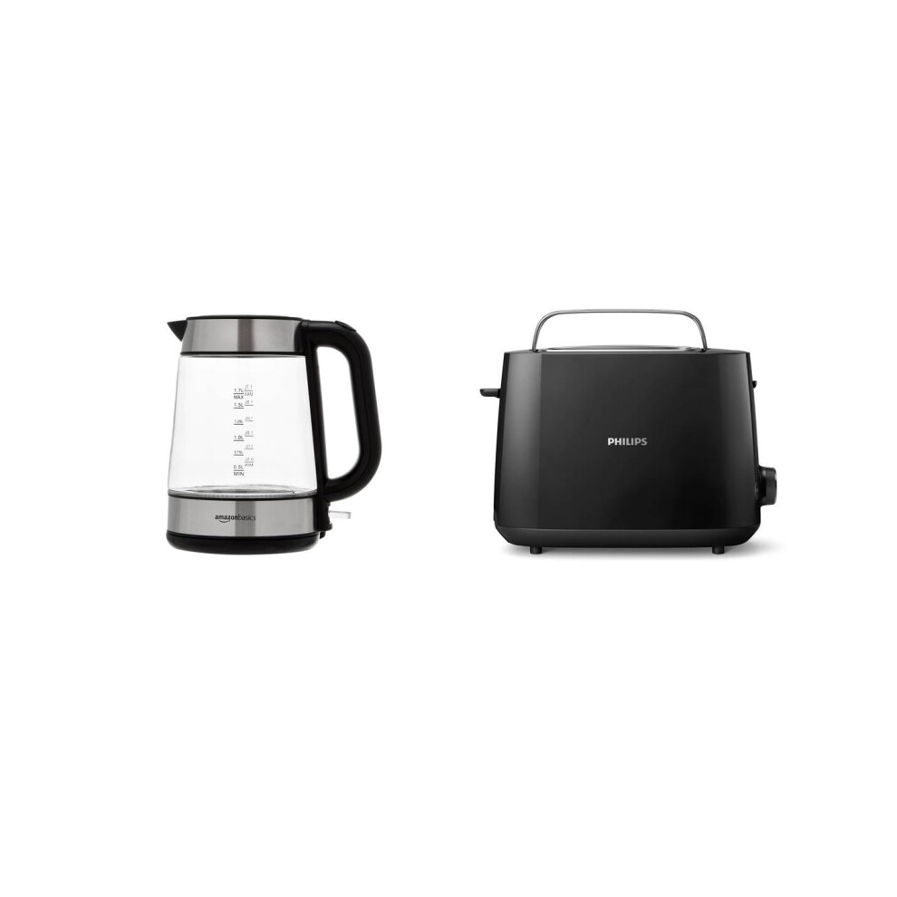 Amazon Basics 1.7L Glass Kettle + Philips Daily Collection Toaster, 2 Large Slots for Bread, 8 Settings + Integrated Bun Warming Rac, Blue