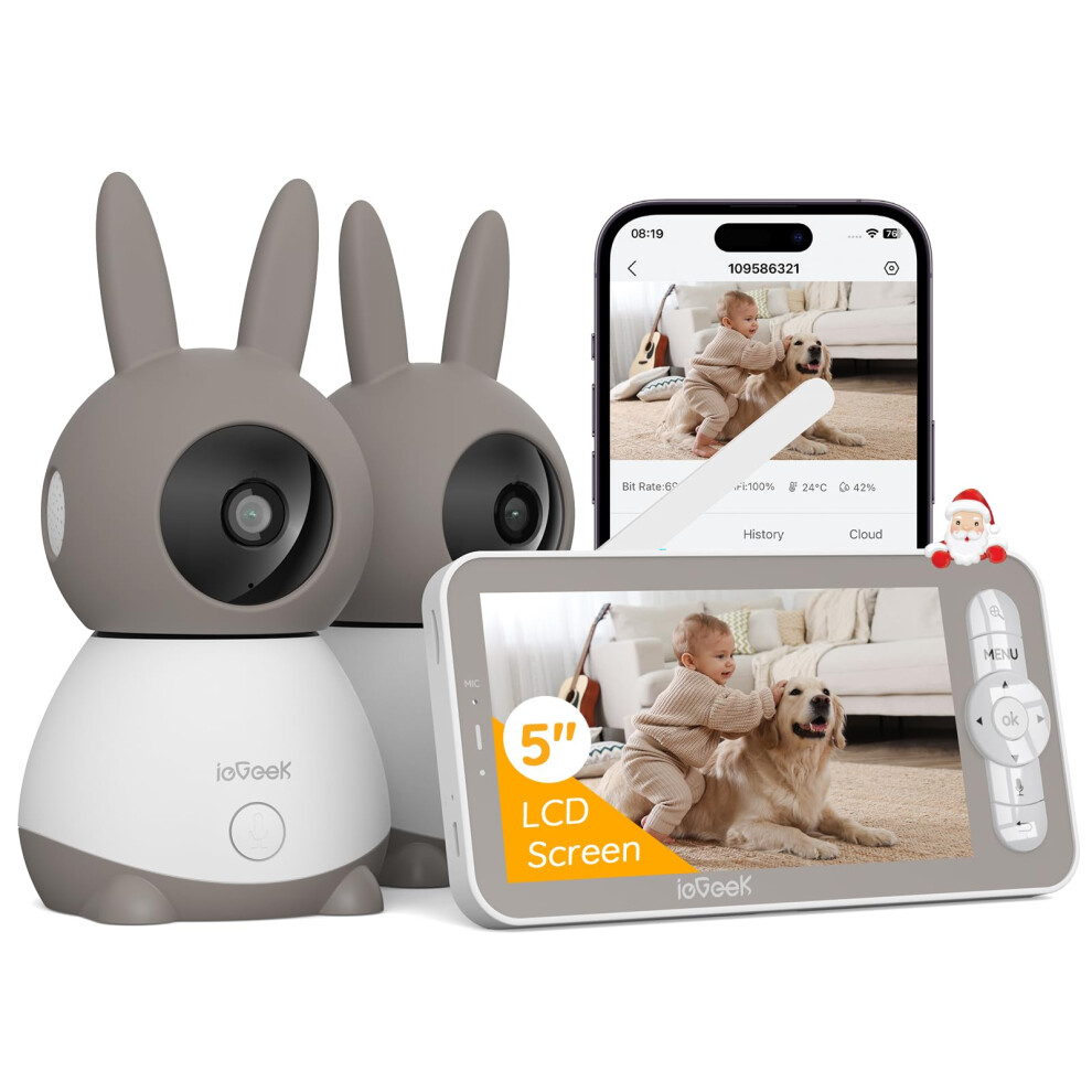 2K Wifi Baby Monitor With Two Cameras, Phone App & 5" Split-Screen Control, Smart Video Camera, Night Vision, Automatic Tracking, Ptz, Crying D Iegeek