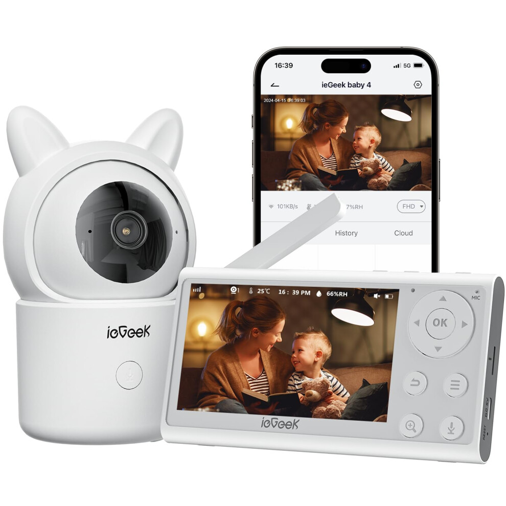 1080P Baby Monitor With 4.3" Split Screen, 360? Ptz Camera And 4X Zoom, Mobile App Control, 10M Night Vision, 3000Mah Battery, Auto Tracking, C Iegeek