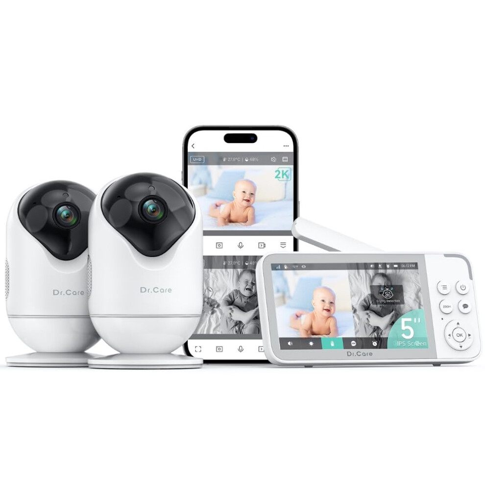 Dr.Care VistaView Smart WiFi Baby Monitor: 5? 1080P HD, 2K Camera, App Control, Cry & Motion Alerts, Night Vision, 5000mAh Battery, Two-Way Talk, Mult