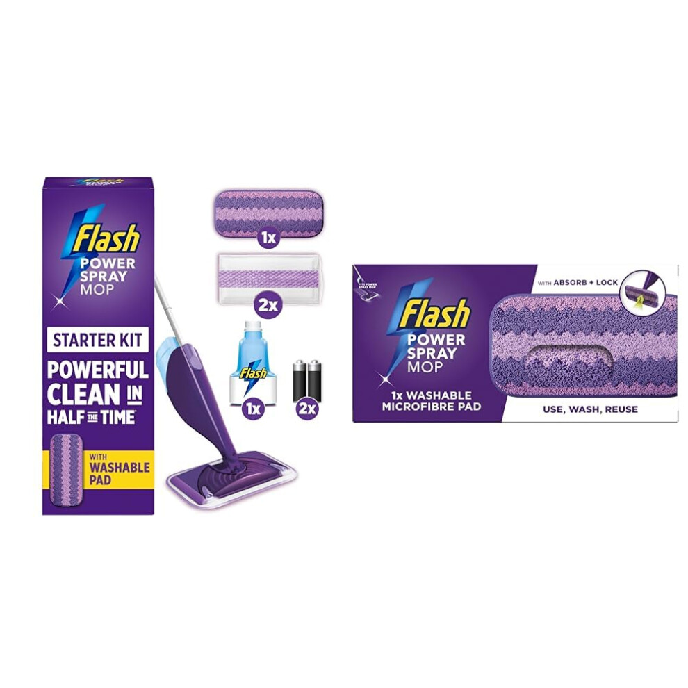 Flash Power Spray Mop Starter Kit Bundle Value Pack, 2 Washable Pads + 2 Disposable Pads, Spray Mops For Floors, All-In-One Spray System For Your Floo