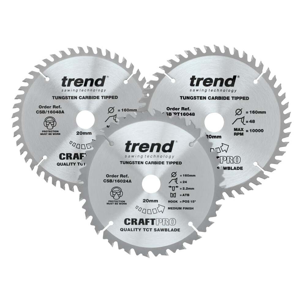 Trend Wood Circular Saw Blades, 160mm Diameter, 20mm Bore, 24/48 Teeth, 2.2mm Kerf, +15/4? Hook, TCT, Medium/Fine/S.Fine Finish, 3 Pack, CSB/160/3PK/A