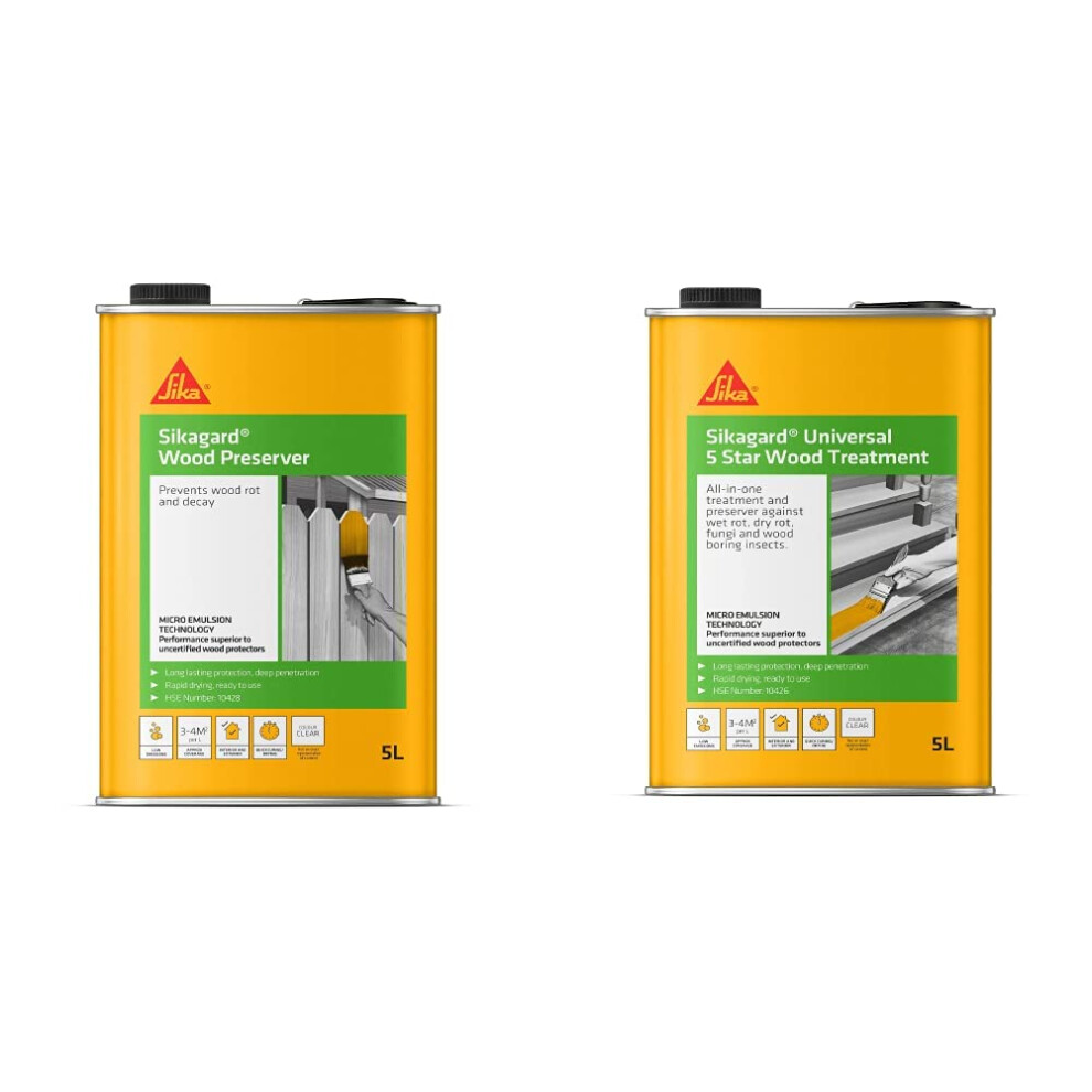 Sika Sikagard Wood Preserver - Prevents Wood Rot and Decay, Clear, 5 litre & gard Universal 5 Star Wood Treatment - All in One Treatment for Wet Rot,