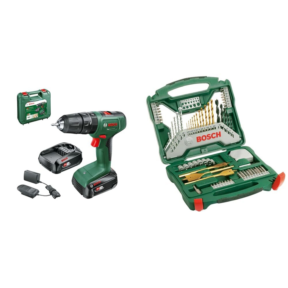 Bosch Cordless Combi Drill EasyImpact 18V-40 (2 Batteries 2.0 Ah, 18 Volt System, in Carrying Case) + 70-Pieces X-Line Titanium Drill and Screwdriver
