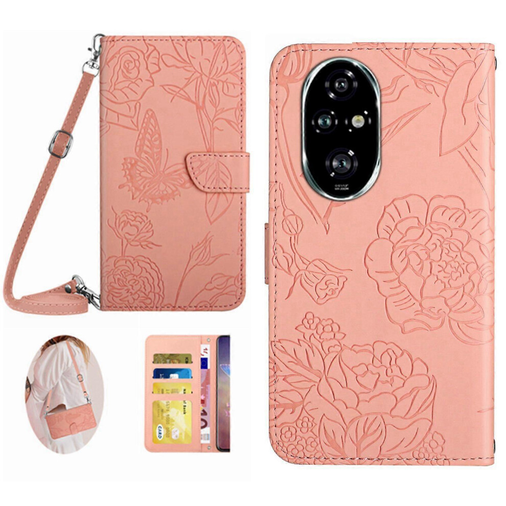 Photos - Case For Honor 200 5G  with Shoulder Strap Butterfly Flowers Leather Phone Cover