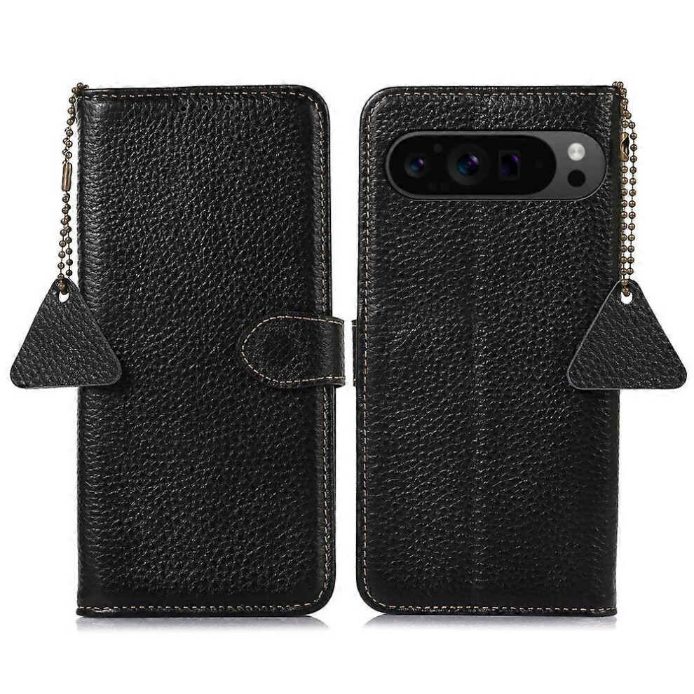 For Google Pixel 9 Pro Wallet Case Genuine Cow Leather Rfid Blocking Phone Cover Litchi Texture 4006042550868