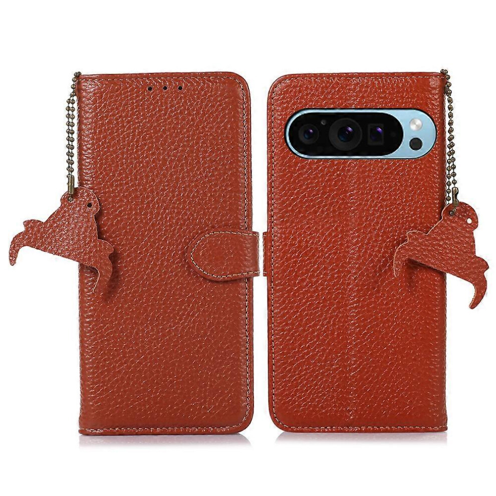 For Google Pixel 9 Wallet Case Genuine Cow Leather Rfid Blocking Phone Cover Litchi Texture 4006042551506