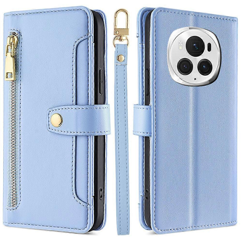Photos - Case For Honor Magic6 Pro 5G  Zipper Pocket Wallet Anti-Drop Leather Phone Cover with 2 Straps