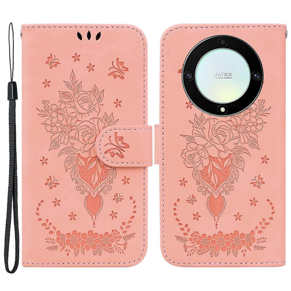 For Honor Magic 5 Lite 5G / X40 5G/X9a 5G Leather Wallet Case Rose Butterfly Imprinted Foldable Stand Phone Cover 6186831360231