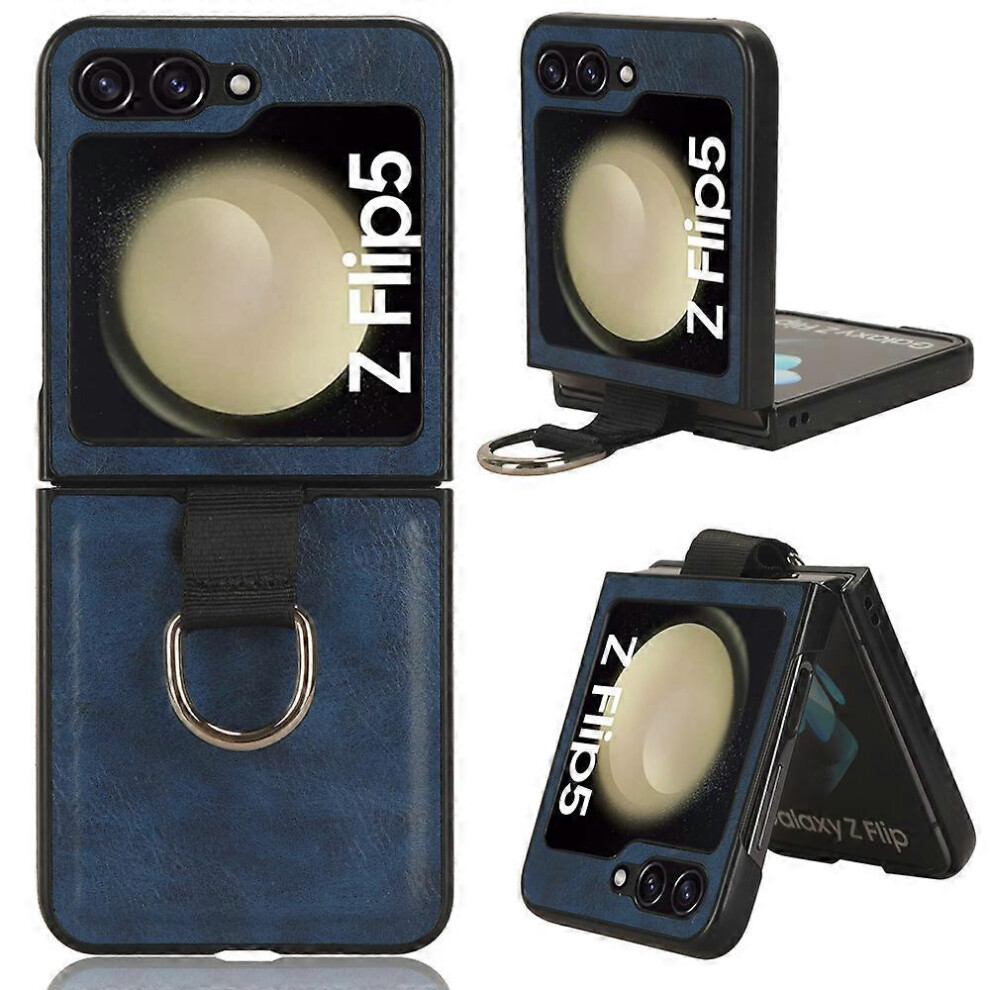 Protective Pu Leather Coated Pc Phone Case For Samsung Galaxy Z Flip5 5G, With Finger Ring Holder 6186831373620