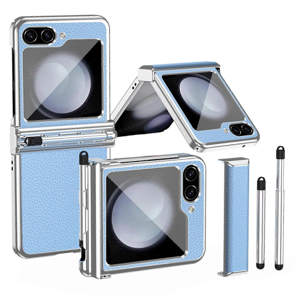 Double Hinge Leather Coated Pc Electroplating Case For Samsung Galaxy Z Flip5 5G, With Stylus Pen 6186831372937