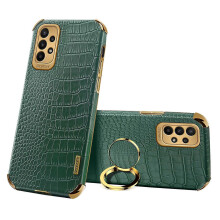 For Samsung Galaxy A32 4G (EU Version) Ring Holder Kickstand Phone Case Crocodile Texture Electroplating PU Leather + TPU Cover