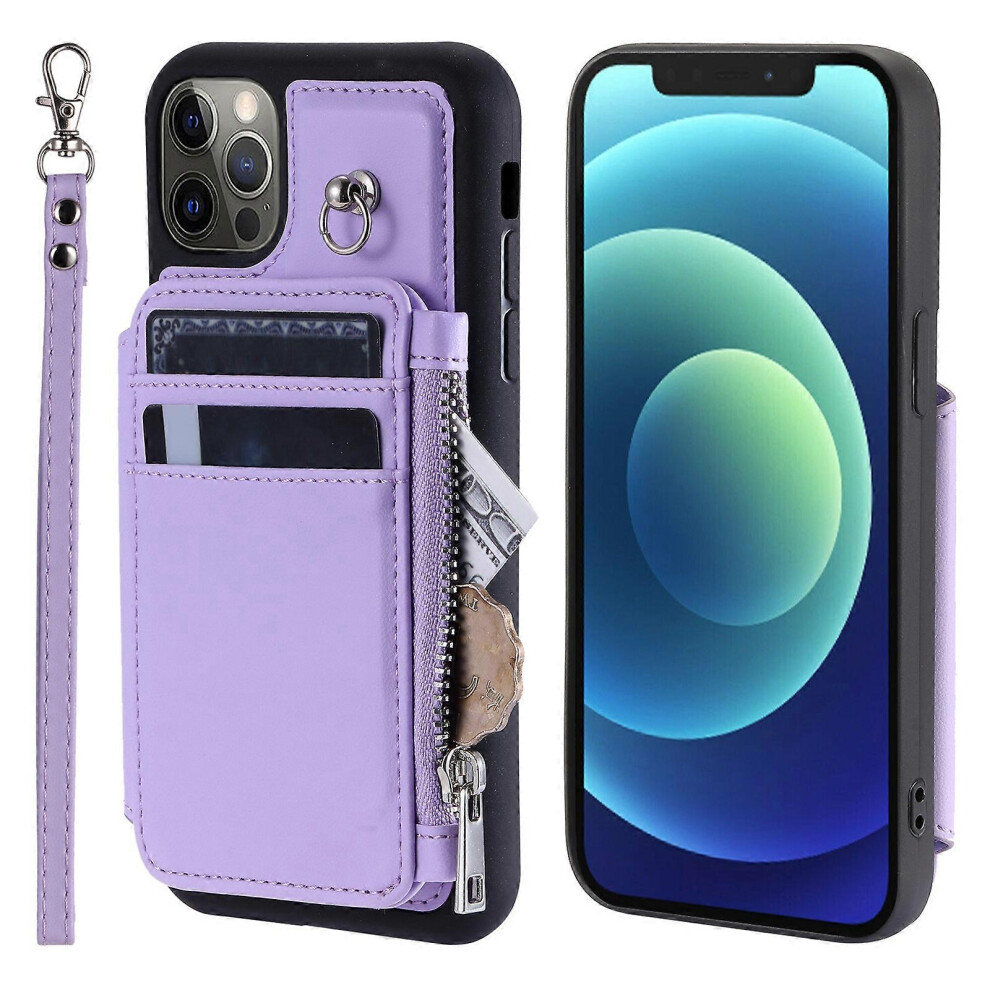 Rfid Blocking Pu+Tpu Phone Case For Iphone 12/12 Pro 6.1", Kickstand Zipper Wallet Shell With Strap 6186831376515