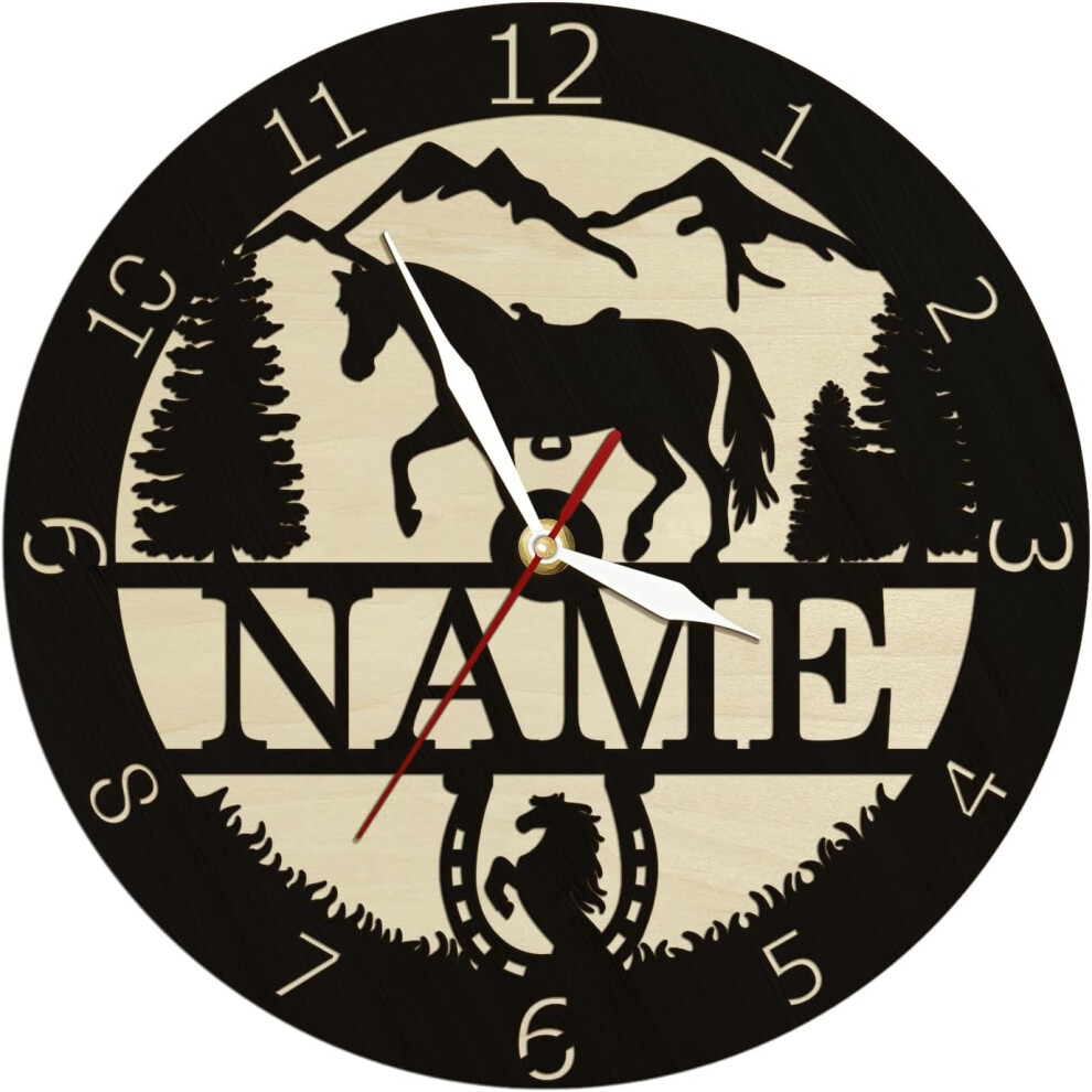 Horloge murale en bois de 30,5 cm représentant un cheval sauvage, horloge équestre vintage silencieuse, sans tic-tac, à piles, pour homme, caverne