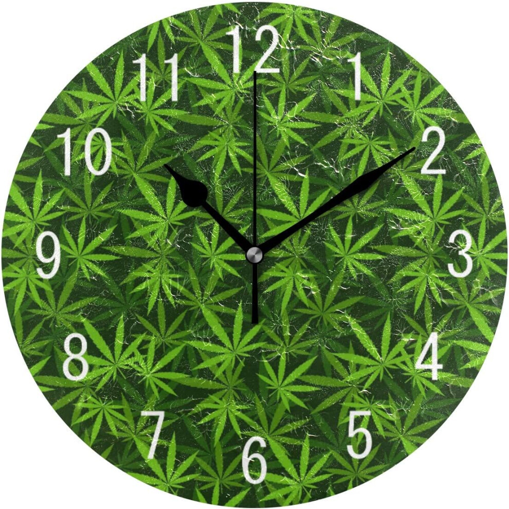 Horloge murale ronde en acrylique, motif feuilles de chanvre et de marijuana vertes, 9,5 pouces, silencieuse, sans tic-tac, pour salon, cuisine