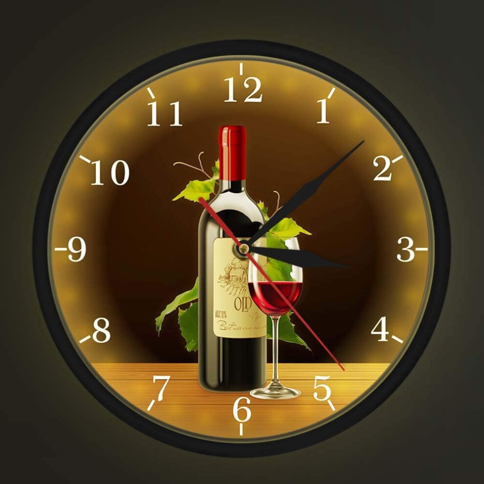 Horloge murale silencieuse avec veilleuse LED à commande vocale, signe de cave à vin rouge et blanc, bouteilles et verres à vin avec raisins