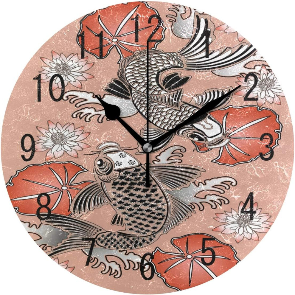 Horloge murale ronde en acrylique, motif carpe, koï, fleur de lotus japonaise, 9,5 pouces, silencieuse, sans tic-tac, pour salon, cuisine