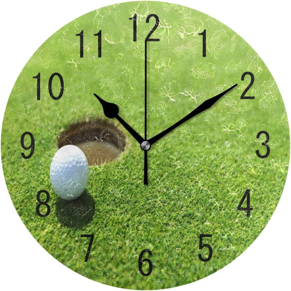Horloge murale ronde en acrylique, motif balle de golf sur le green, 9,5 pouces, silencieuse, sans tic-tac, pour salon, cuisine
