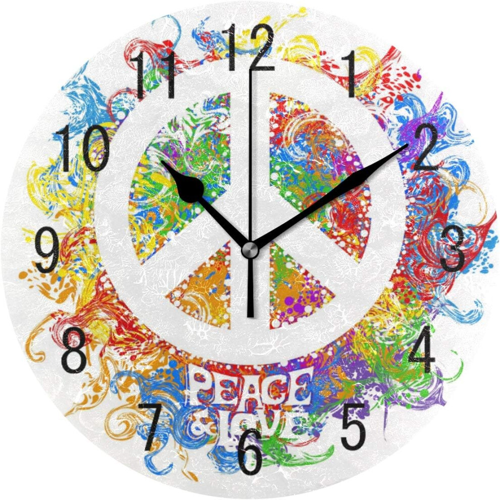 Horloge murale ronde en acrylique, motif floral hippie, signe de paix, 9,5 pouces, silencieuse, sans tic-tac, pour salon, cuisine