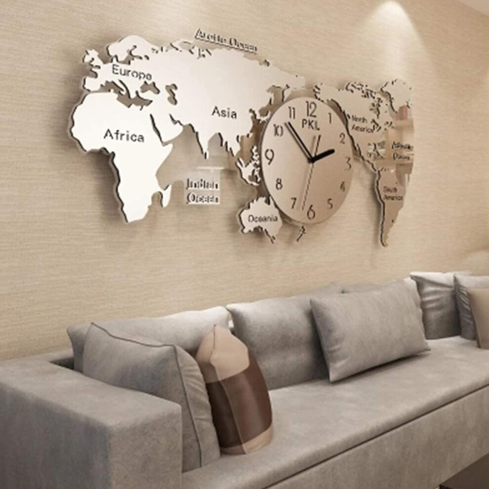 Horloge murale 3D argentée avec carte du monde, décoration murale nordique moderne en acrylique, silencieuse, sans tic-tac, pour la maison