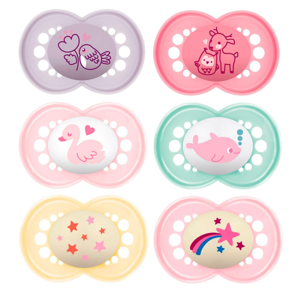 MAM SkinSoft Silicone Soothers 6-16 months Day & Night for Girls , 6 pieces, 3 travel boxes