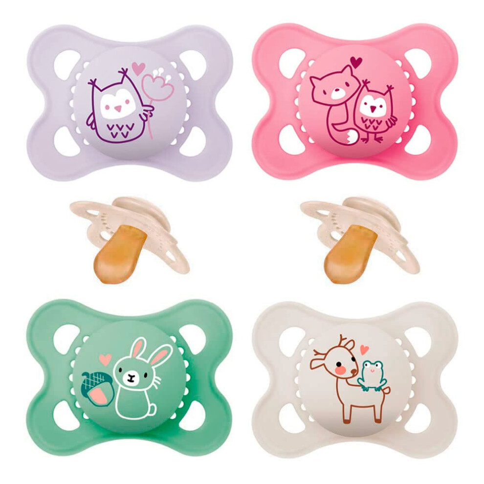 Mam natural rubber latex dummy, ages 0-6 months, set of 4, including 2 sterilised transport boxes