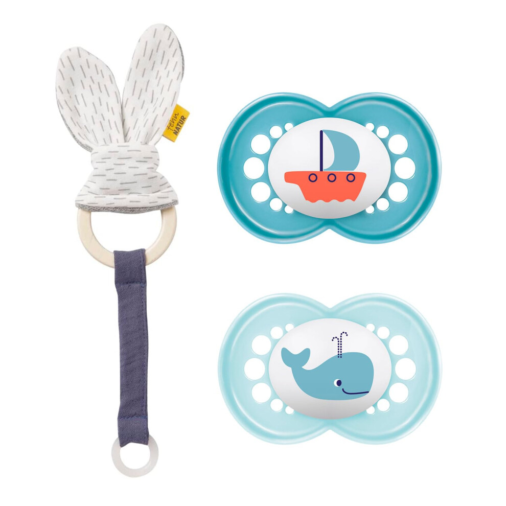 MAM SkinSoftTM Silicone Dummies 6-16 months incl. sterilising and transport box & Nip band