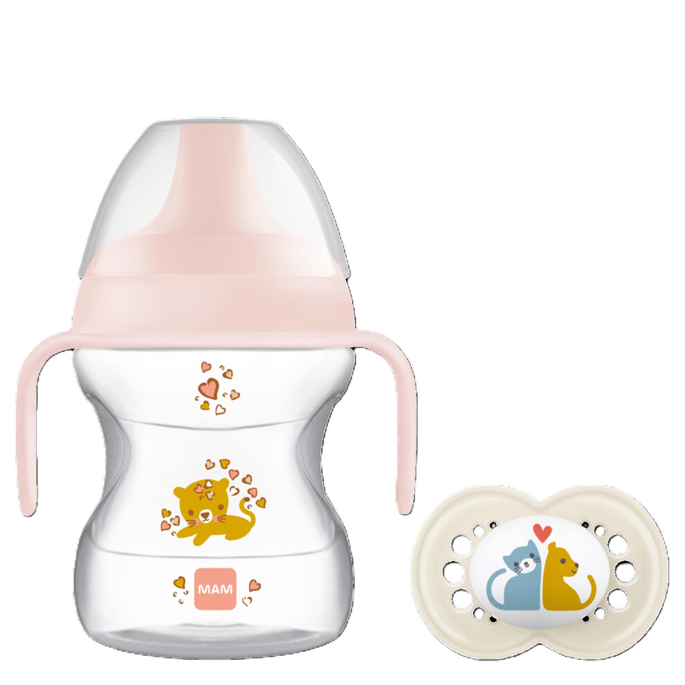 MAM Learn to Drink Cup, Bottle Handles and Soother, 6+ Months Baby with Removable Handles, Baby Feeding Accessories, 190 ml, Pink (Designs May Vary)