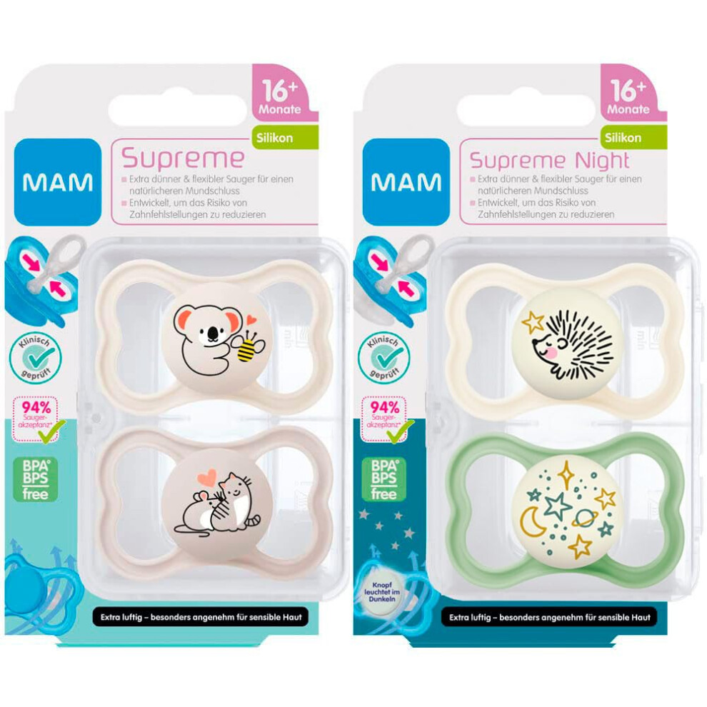 MAM Supreme Dental Dummy 16 Months Plus, Pack of 4 for 16 +, Orthodontic Soother, Skin-Friendly with Extra air Flow, incl. sterilising & Transport Box