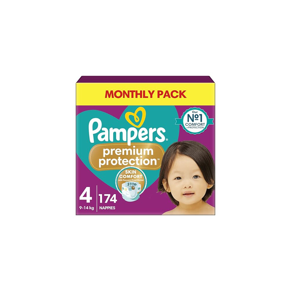 Pampers Premium Protection Size 4, 174 Nappies, 9kg-14kg, Monthly Pack, Double Protection for skin and against leaks-image-OPC-PGJQ2BV-NEW