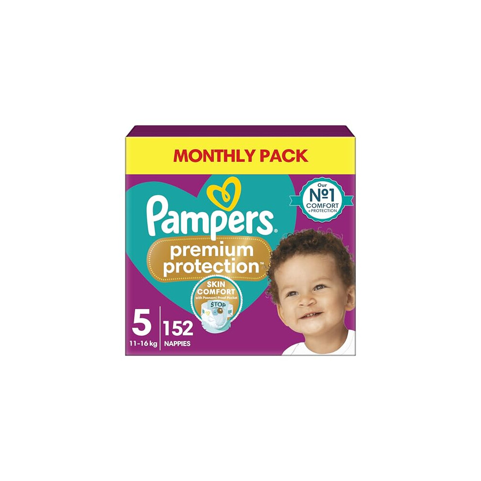 Pampers Premium Protection Size 5, 152 Nappies, 11kg-16kg, Monthly Pack, Double Protection for skin and against leaks-image-OPC-PGJQ2BT-NEW