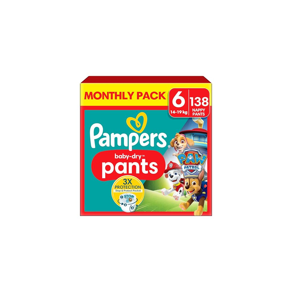 Pampers Baby-Dry Nappy Pants Paw Patrol Edition Size 6, 138 Nappies, 14kg-19kg, Monthly Pack, with Our 360 Pants Fit to Help Prevent Leaks