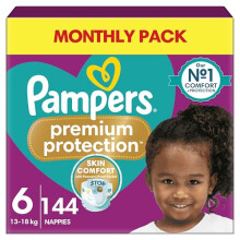 Pampers Premium Protection Size 6, 144 Nappies, 13kg-18kg, Double Protection for skin and against leaks