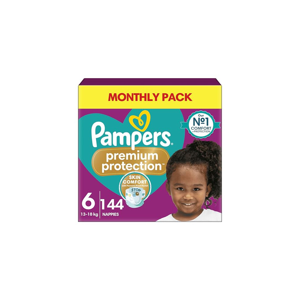 Pampers Premium Protection Size 6, 144 Nappies, 13Kg-18Kg, Double Protection For Skin And Against Leaks