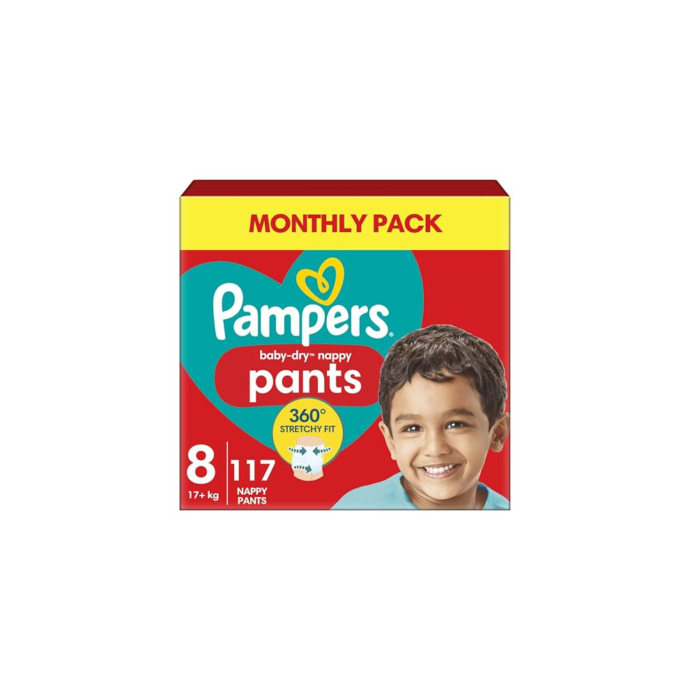 Pampers Baby-Dry Nappy Pants Size 8, 117 Nappies, 19kg+, Monthly Pack, 360 Fit To Help Prevent Gaps And Leaks