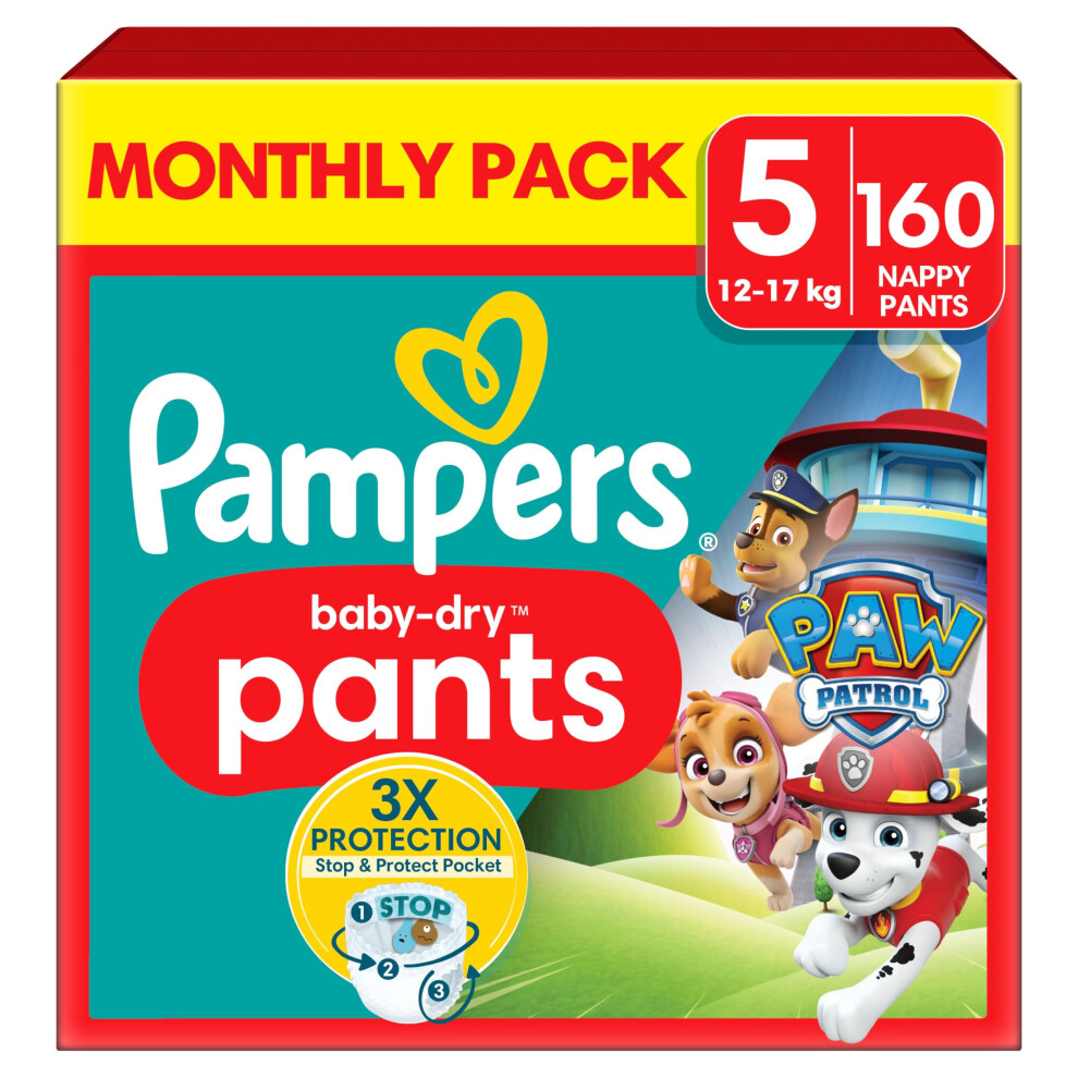 Pampers Baby-Dry Nappy Pants Paw Patrol Edition Size 5, 160 Nappies, 12Kg-17Kg, Pack, Triple Protection - Super Absorbent Core - Easy Nappy Changes