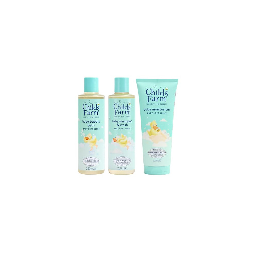 Childs Farm Regime Bundle | Bubble Bath (250ml), Shampoo & Wash (250ml) Moisturiser Soft Scent | Suitable for Newborns with Sensitive, Dry, Itchy Skin