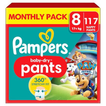 Pampers Baby-Dry Nappy Pants Paw Patrol Edition Size 8, 117 Nappies, 17kg+, Monthly Pack, with Our 360 Pants Fit to Help Prevent Leaks