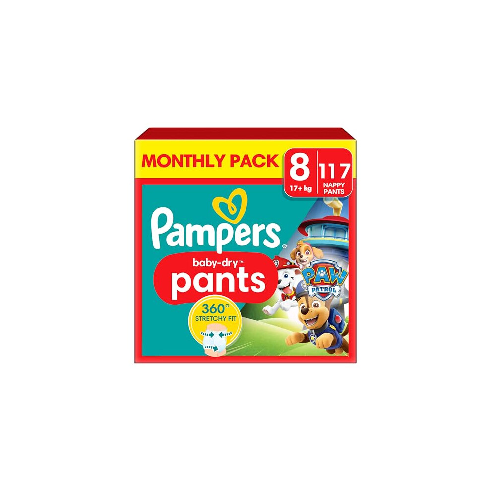 Pampers Baby-Dry Nappy Pants Paw Patrol Edition Size 8, 117 Nappies, 17kg+, Monthly Pack, with Our 360 Pants Fit to Help Prevent Leaks