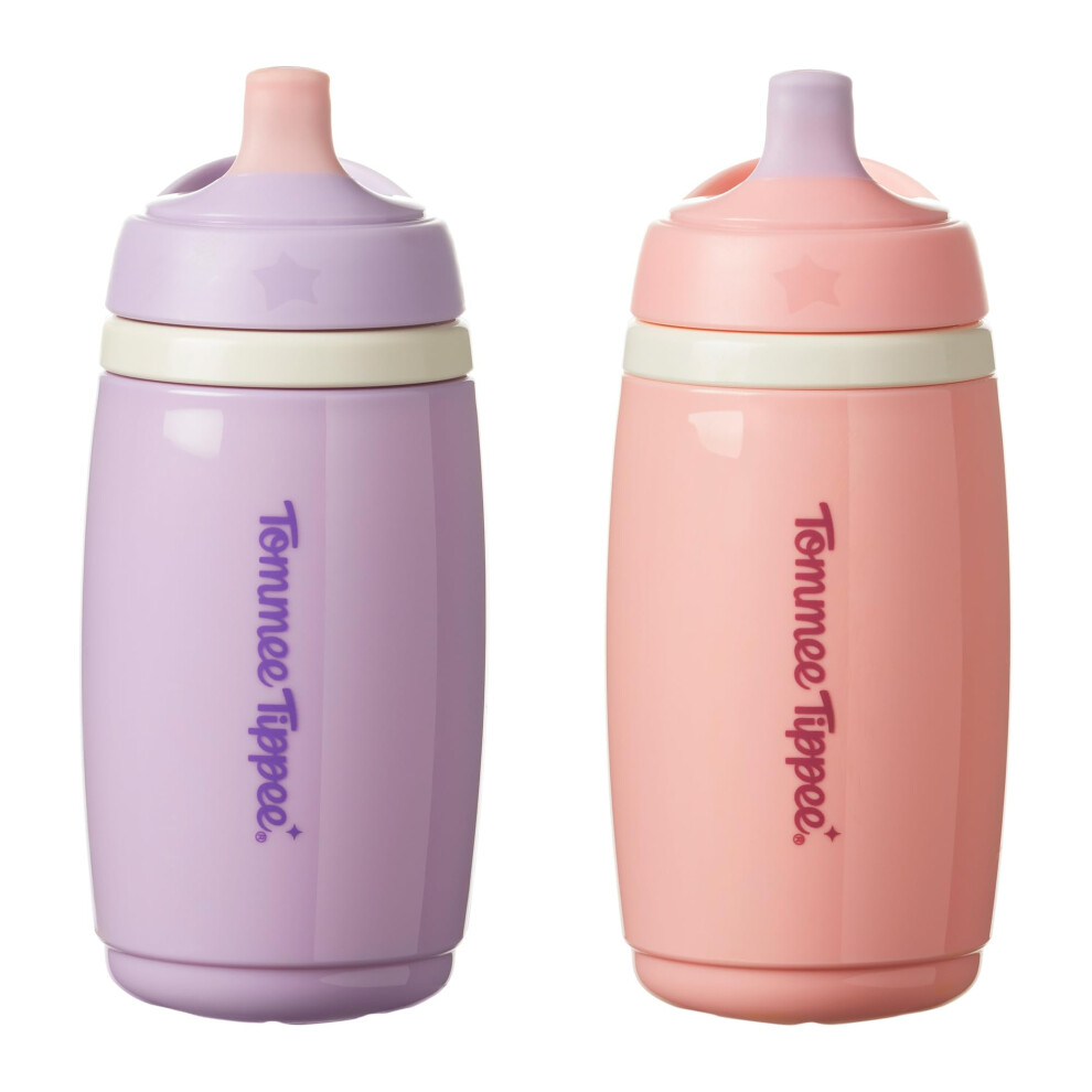 Tommee Tippee Insulated Active Spout Cup, 266ml, Non-Spill Water Bottle for Toddlers Insulated to Help Keep Their Drinks Cool, Pink and Purple, 2 Pack