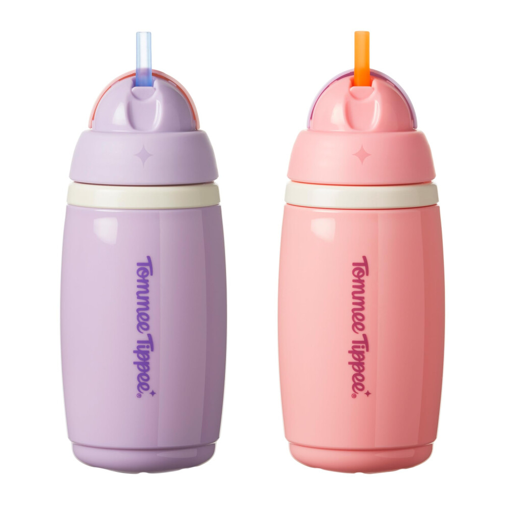 Tommee Tippee Insulated Active Straw Cup, 266ml, Spill-Proof Toddler Water Bottle for Flip Lid Helps Keep Straw Clean, Pink and Purple, 2 Pack