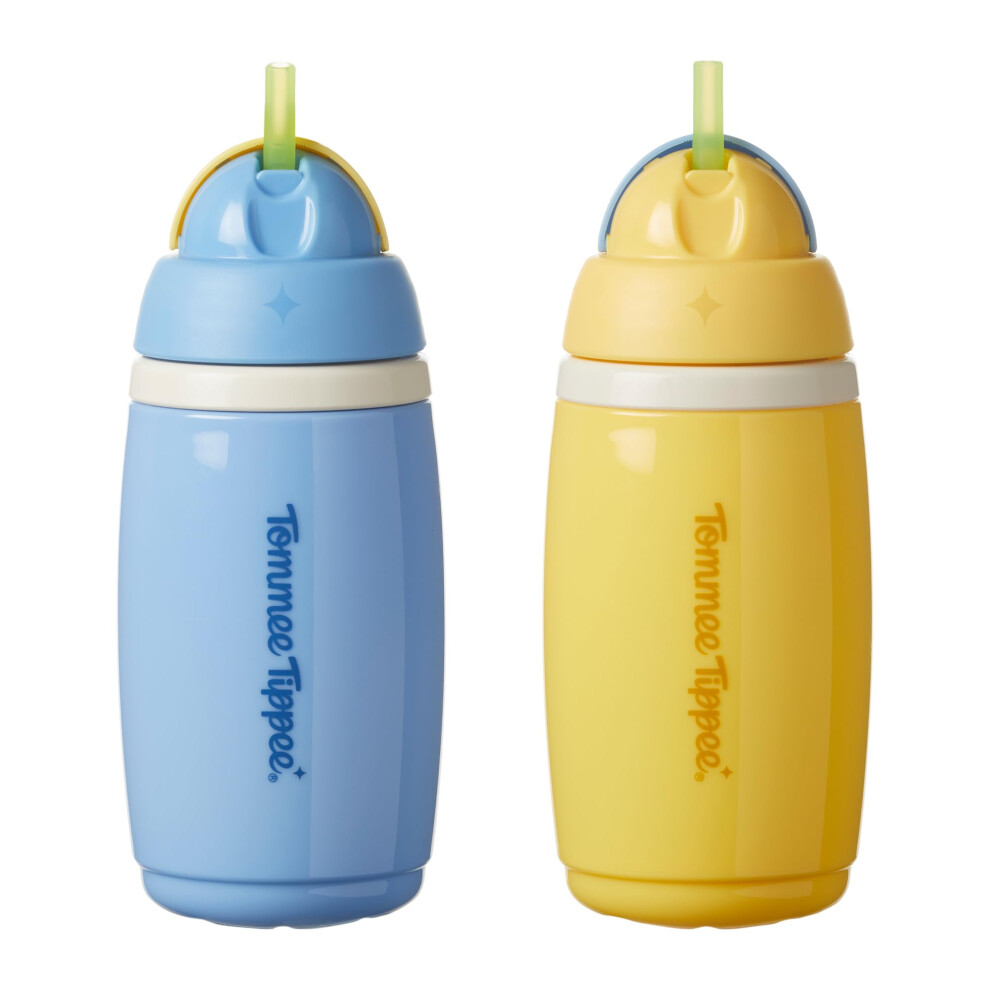 Tommee Tippee Insulated Active Straw Cup, 266ml, Spill-Proof Toddler Water Bottle for Flip Lid Helps Keep Straw Clean, Blue and Yellow, 2 Pack