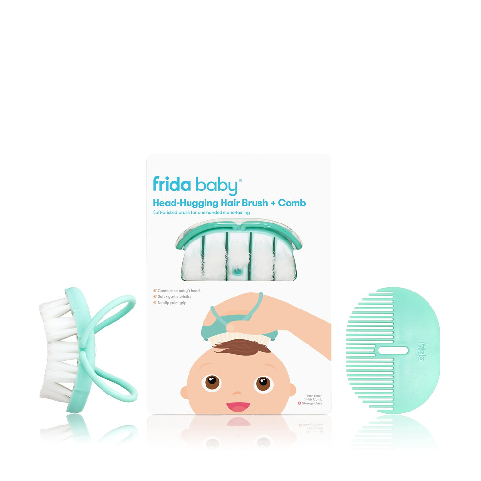 Head-Hugging Hairbrush And Comb Set: Flexi-Brush Countors To Head, Soft Brush, For Newborns And Up, Hair Brush + Comb + Storage Case Frida Baby