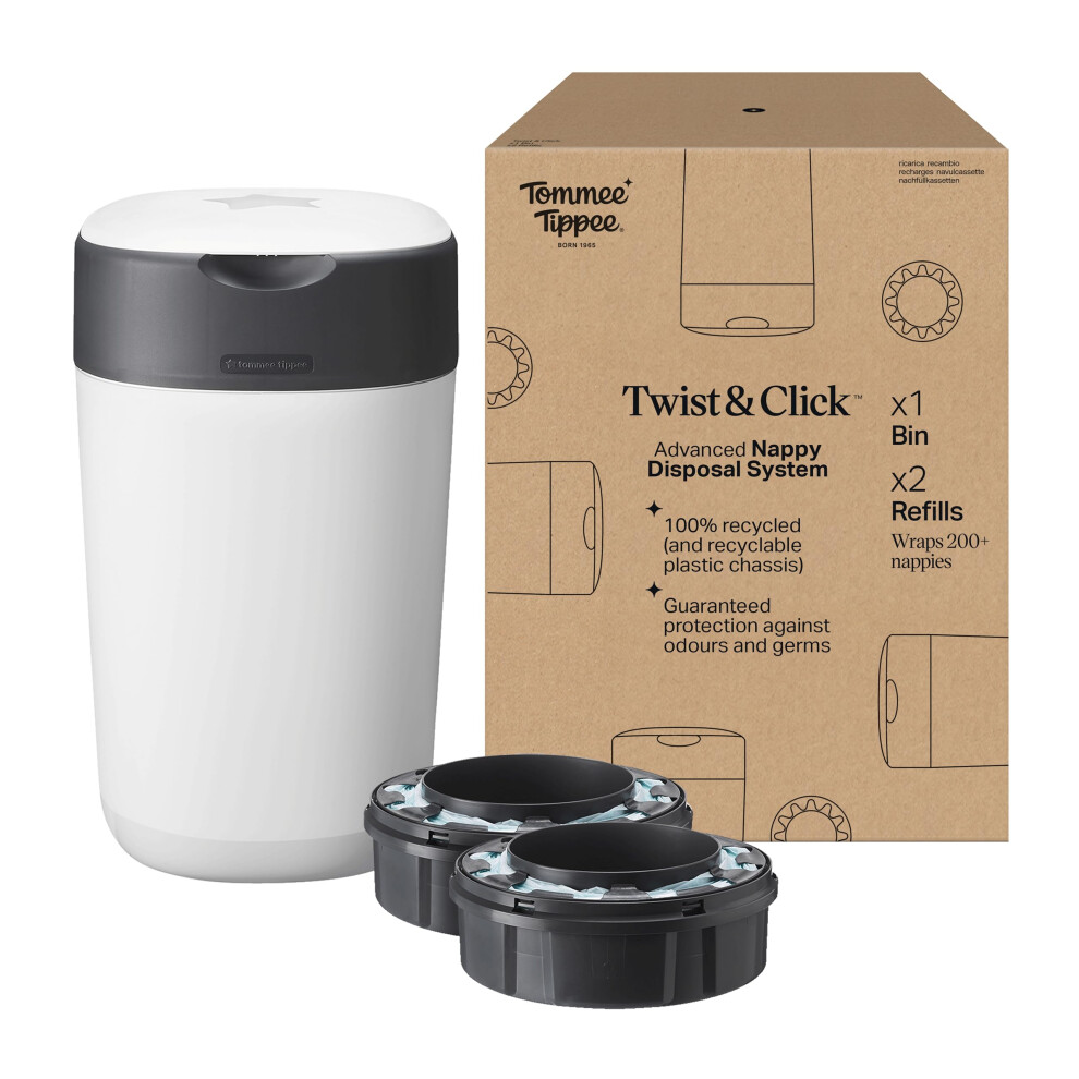 Tommee Tippee Twist and Click Advanced Nappy Bin, Exclusive Pack including 2x Guaranteed Odour and Germ Protection, Large Capacity (pack may vary)