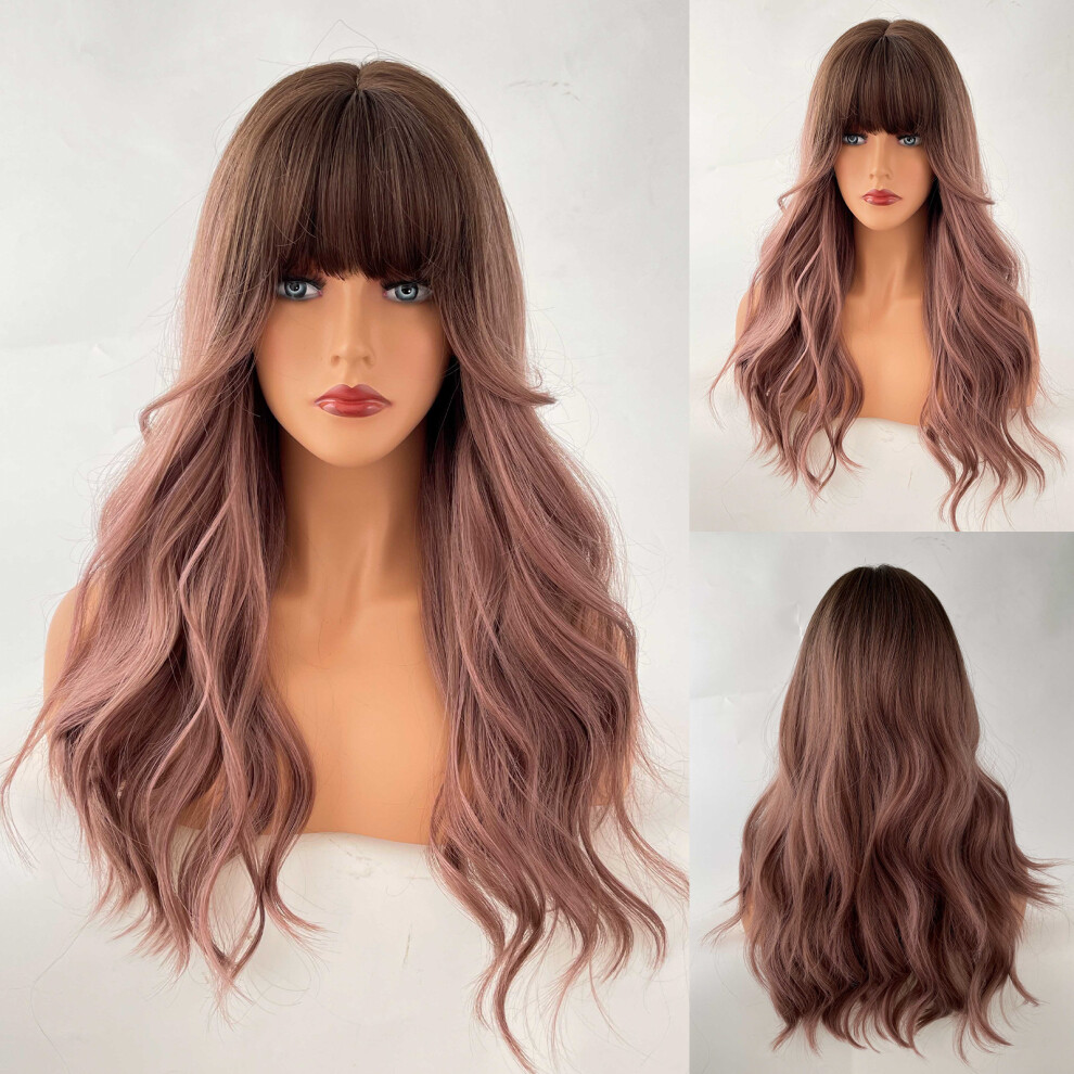 Unisex Pink ( Brown-Top Dyed Brown_64cm 25Inch) New European And American Wavy Curly Wigs Fashionable Long Hair Fluffy Natural Big Wave Sexy Long Curly Hair