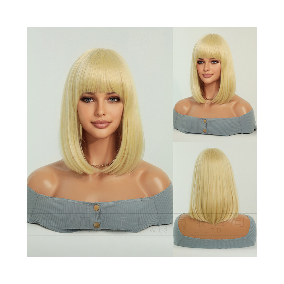 ((Model Features) Gold_36cm 14INCH) New European and American wigs for women, short blonde straight hair, bob, Halloween Cosplay Blonde Bob Wig