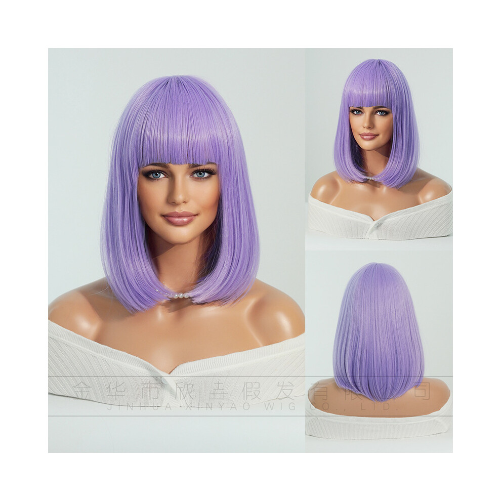 (Lavender Purple_36cm 14INCH) New European and American wigs for women, short blonde straight hair, bob, Halloween Cosplay Blonde Bob Wig