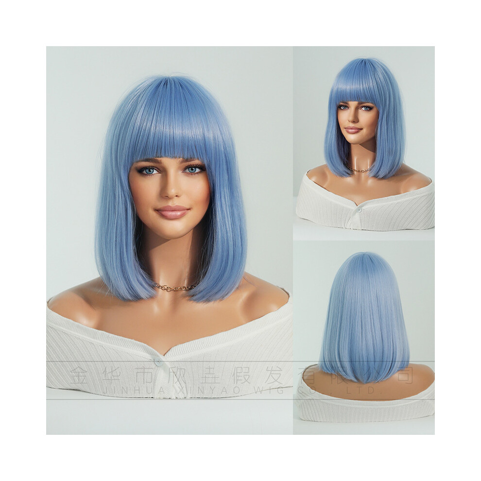 (Blue_36cm 14INCH) New European and American wigs for women, short blonde straight hair, bob, Halloween Cosplay Blonde Bob Wig