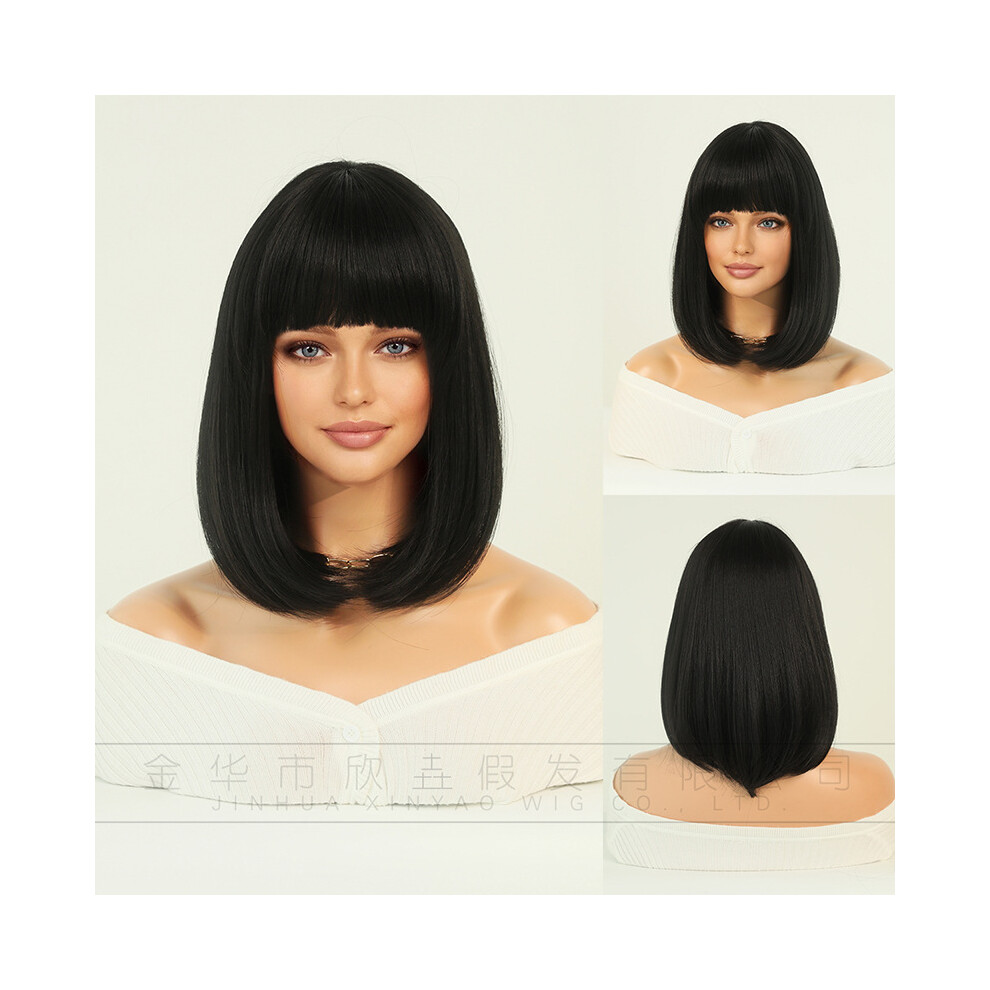 (Natural black_36cm 14INCH) New European and American wigs for women, short blonde straight hair, bob, Halloween Cosplay Blonde Bob Wig