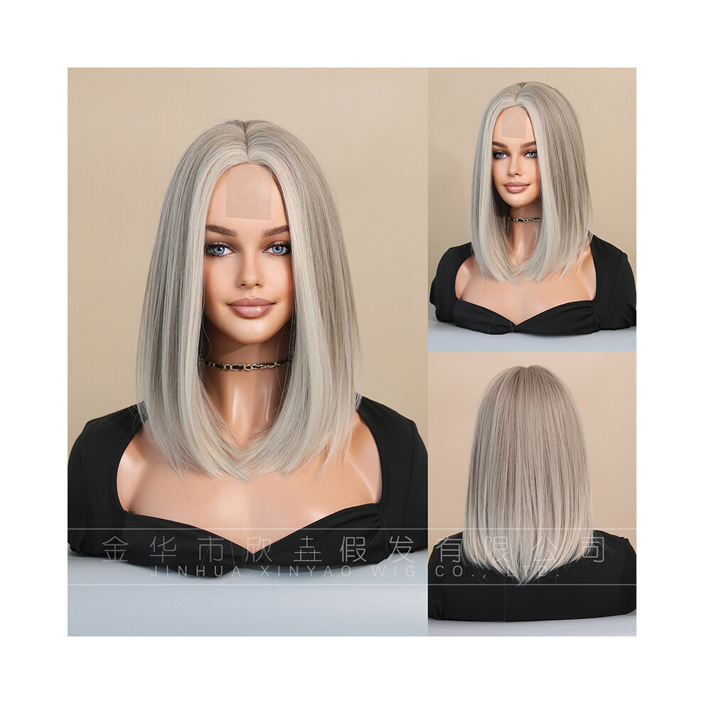 (Light gold (bee-colored ear-hung highlighted)_39cm 14inch) New lace wig Small Lace Wig Middle-part shoulder-length short straight hair black and red